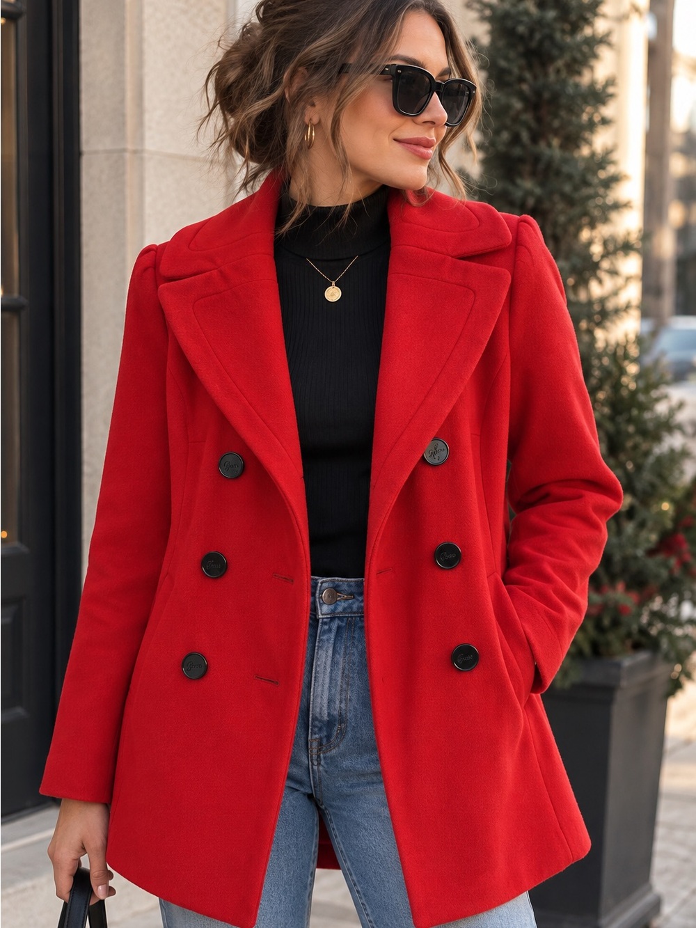 Vintage Y2K Guess Wool Blend Double-Breasted Red Peacoat